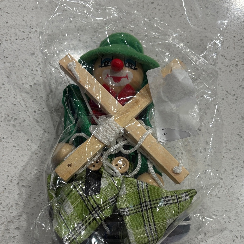 Vintage Green and Red Puppet Clown Toy